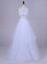 White Tulle Long Graduation Beading Halter Backless 2 Piece Prom Dress